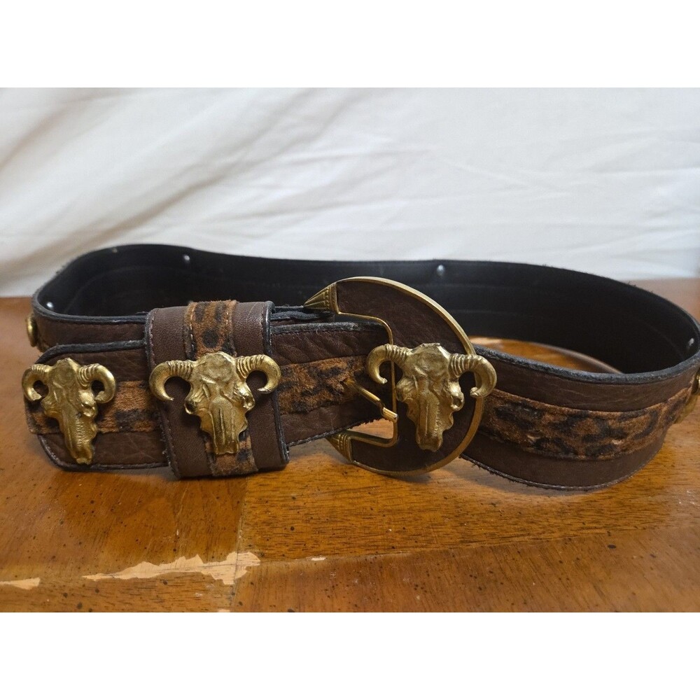 Leatherock Belt by Nina Arjani Brown Leather Cow Skull Leopard Print Size L Vntg